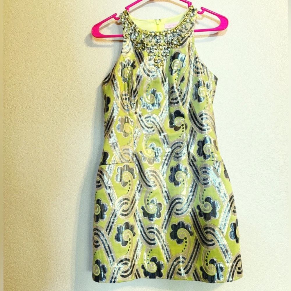 Lilly Pulitzer Pearl Dress Kelp Green Metallic Vintage Brocade 0 NWOT